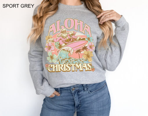 vintage aloha christmas sweatshirt featuring surfing santa design for hawaiian holiday celebrations and funny xmas party events bdhnb