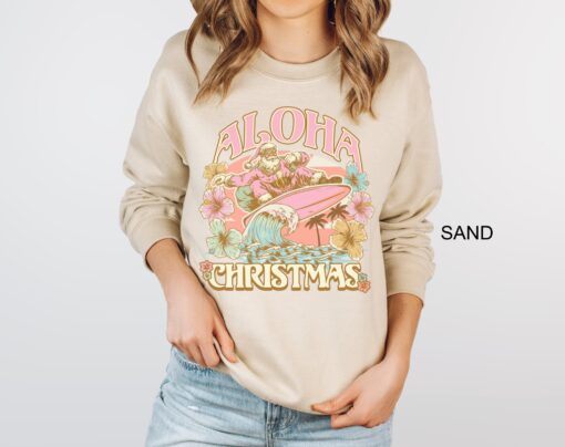 vintage aloha christmas sweatshirt featuring surfing santa design for hawaiian holiday celebrations and funny xmas party events