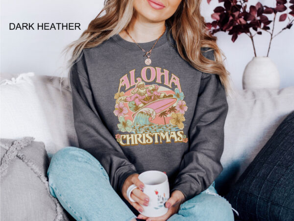 vintage aloha christmas sweatshirt featuring surfing santa design for hawaiian holiday celebrations and funny xmas party events pnvml