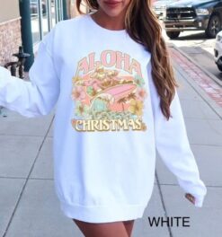 vintage aloha christmas sweatshirt featuring surfing santa design for hawaiian holiday celebrations and funny xmas party events skqot