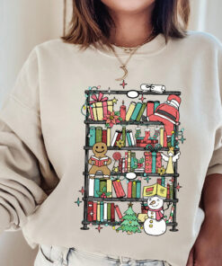 vintage bookish christmas sweatshirt for reading lovers with bookshelf santa design in soft comfortable fabric lefmz