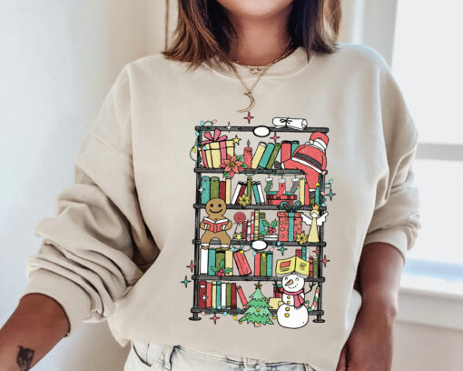 vintage bookish christmas sweatshirt for reading lovers with bookshelf santa design in soft comfortable fabric lefmz