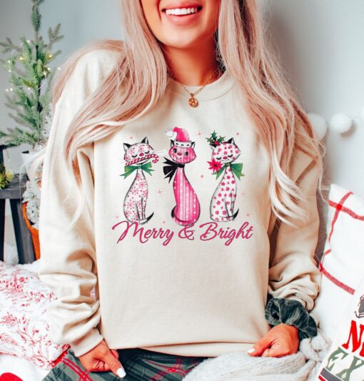 vintage cat sweatshirt for christmas pink cats design funny cat lover apparel for holiday celebrations foovw