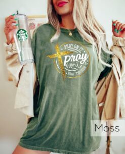 vintage christian t shirt pray on it pray over it cross design for religious beliefs and faithful expressions in groovy style axcvm