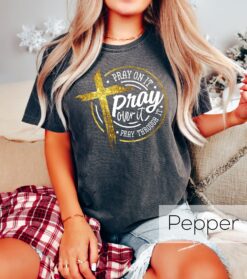 vintage christian t shirt pray on it pray over it cross design for religious beliefs and faithful expressions in groovy style cx1bn