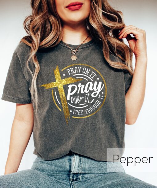 vintage christian t shirt pray on it pray over it cross design for religious beliefs and faithful expressions in groovy style uksi9