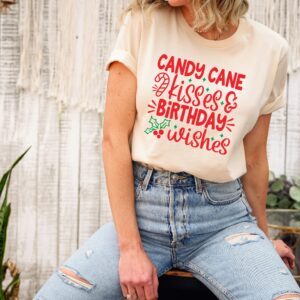 vintage christmas birthday t shirt with candy cane kisses design for december birthdays and holiday celebrations zwcls