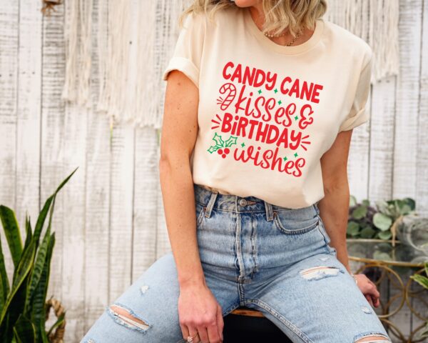 vintage christmas birthday t shirt with candy cane kisses design for december birthdays and holiday celebrations zwcls