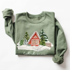 vintage christmas cabin sweatshirt with let it snow design for winter comfort and holiday style esjsg