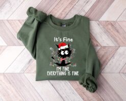 Vintage Christmas Cat Shirt - Funny Black Cat Sweatshirt for Cat Lovers - Meowy Christmas Design with It is Fine Slogan