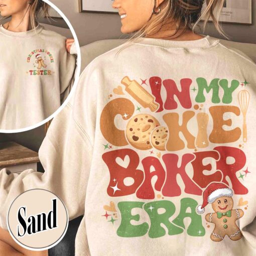 vintage christmas cookie tester sweatshirt for couples with fun cookie and milk design for holiday baking enthusiasts