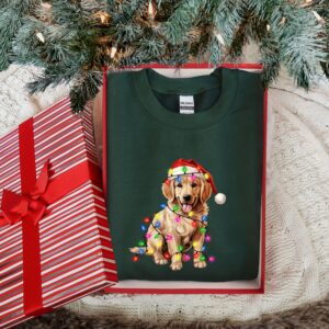 vintage christmas dog t shirt for dog lovers featuring golden retriever and christmas lights design ideal for new year celebrations ons90