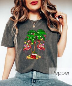 Vintage Christmas Flamingo T Shirt for Women with Tropical Design and Fun Holiday Theme