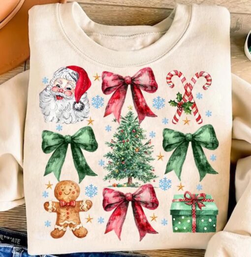 vintage christmas graphic tee with santa bow design and aesthetic christmas tree cake print for a unique holiday style nsfzu