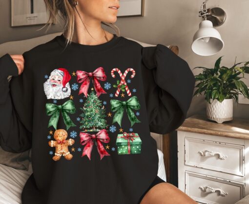 vintage christmas graphic tee with santa bow design and aesthetic christmas tree cake print for a unique holiday style otjey scaled