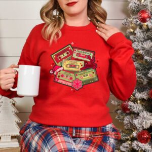 vintage christmas music sweatshirt retro design for music lovers featuring cassette tapes and classic christmas songs 7jeib scaled