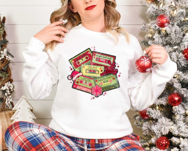 vintage christmas music sweatshirt retro design for music lovers featuring cassette tapes and classic christmas songs smvrl scaled