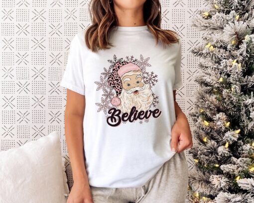 vintage christmas shirt for women believe santa graphic tee with leopard print design for festive holiday wear bjoks