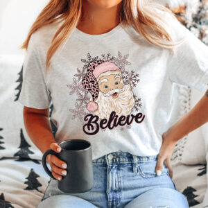 vintage christmas shirt for women believe santa graphic tee with leopard print design for festive holiday wear ee0cn