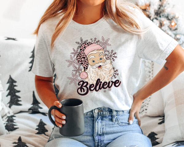 vintage christmas shirt for women believe santa graphic tee with leopard print design for festive holiday wear ee0cn