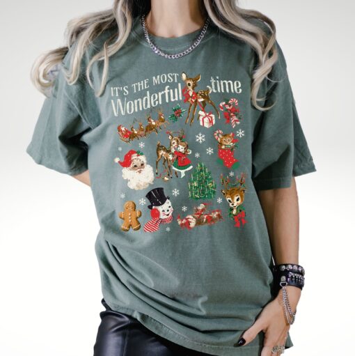 vintage christmas shirt with santa snowman reindeer doodle design for holiday apparel and retro style celebrations 3lwsc