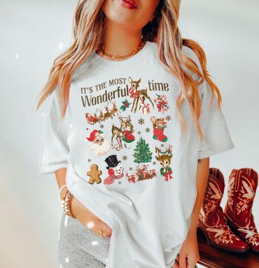 vintage christmas shirt with santa snowman reindeer doodle design for holiday apparel and retro style celebrations