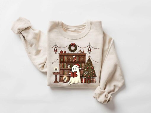 vintage christmas sweater for book lovers featuring ghost boo books design ideal for teachers and librarians ga2fq