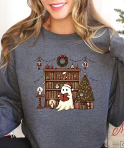 vintage christmas sweater for book lovers featuring ghost boo books design ideal for teachers and librarians sb8t0