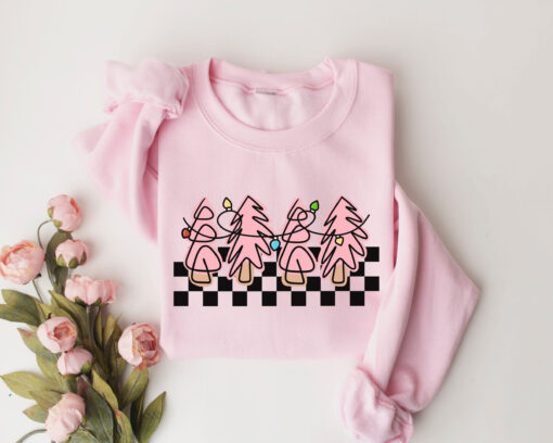 vintage christmas sweater for women with pink christmas trees design retro crewneck sweatshirt ideal for holiday celebrations