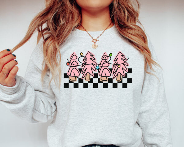 vintage christmas sweater for women with pink christmas trees design retro crewneck sweatshirt ideal for holiday celebrations