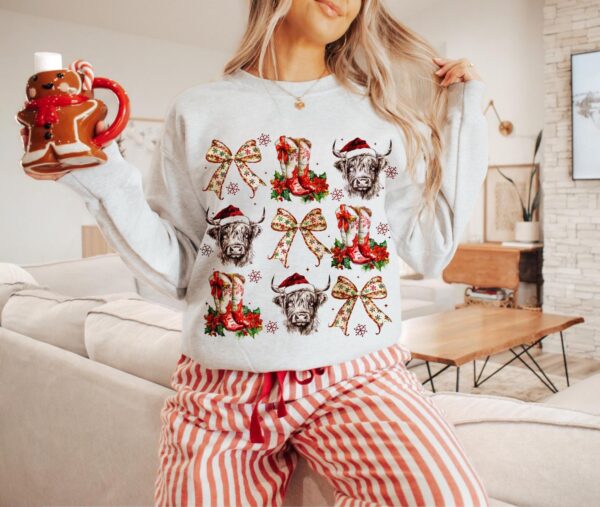 vintage christmas sweatshirt cowgirl crewneck retro hoodie with highland cow bow design for a fun festive season aj7hd