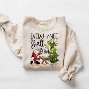 vintage christmas sweatshirt every knee shall bow design featuring jesus and nativity scene for christian apparel enthusiasts 55bgc