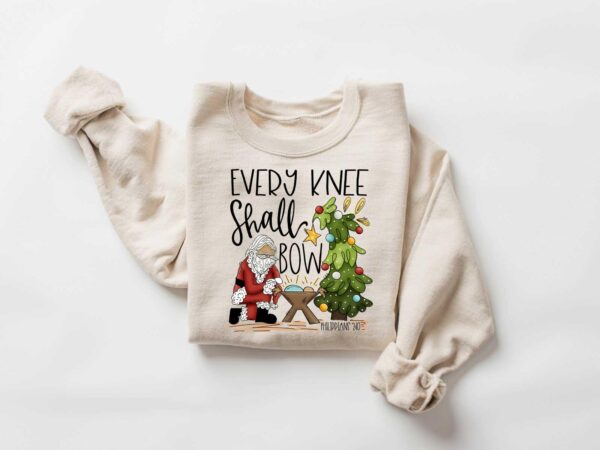 vintage christmas sweatshirt every knee shall bow design featuring jesus and nativity scene for christian apparel enthusiasts 55bgc