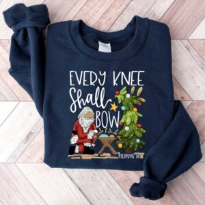 vintage christmas sweatshirt every knee shall bow design featuring jesus and nativity scene for christian apparel enthusiasts 7j03c