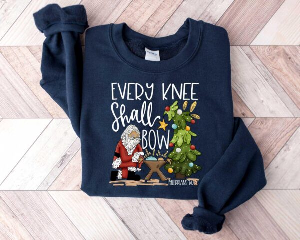 vintage christmas sweatshirt every knee shall bow design featuring jesus and nativity scene for christian apparel enthusiasts 7j03c