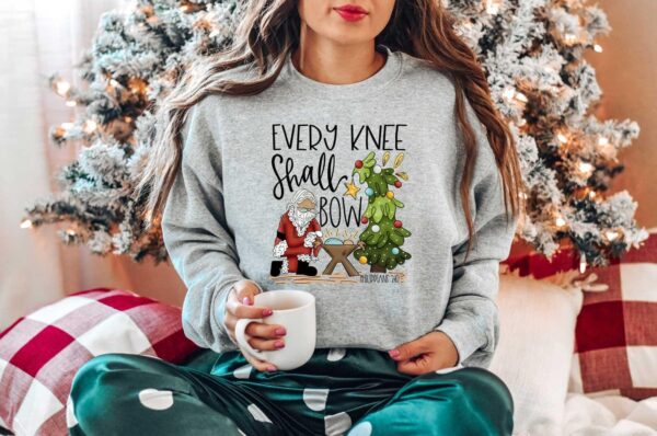 vintage christmas sweatshirt every knee shall bow design featuring jesus and nativity scene for christian apparel enthusiasts crhqw