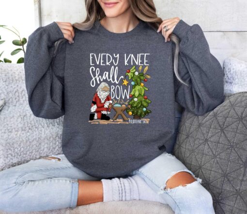 vintage christmas sweatshirt every knee shall bow design featuring jesus and nativity scene for christian apparel enthusiasts qwasz