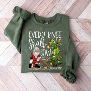 vintage christmas sweatshirt every knee shall bow design featuring jesus and nativity scene for christian apparel enthusiasts x5ixw