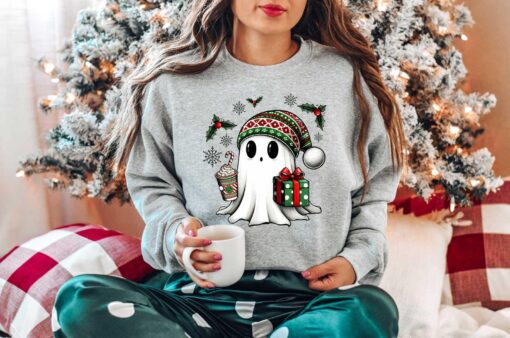 vintage christmas sweatshirt featuring ghost santa design for holiday celebrations and halloween parties 4kab1