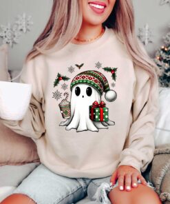 vintage christmas sweatshirt featuring ghost santa design for holiday celebrations and halloween parties e99ut