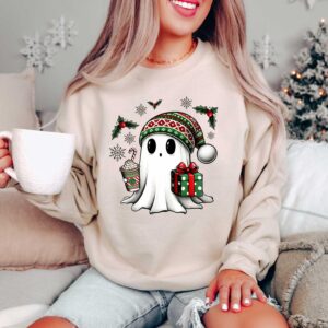 vintage christmas sweatshirt featuring ghost santa design for holiday celebrations and halloween parties e99ut