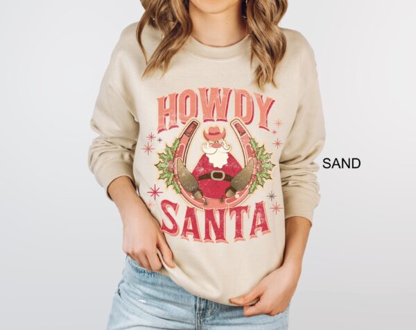 vintage christmas sweatshirt featuring howdy santa design for unisex wear retro cowboy style oversized holiday shirt