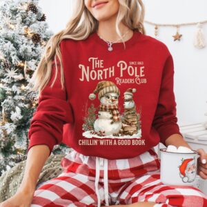 vintage christmas sweatshirt featuring north pole book club snowman design for book lovers and retro book worms pez8l