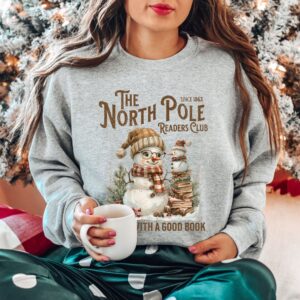 vintage christmas sweatshirt featuring north pole book club snowman design for book lovers and retro book worms qlrpt