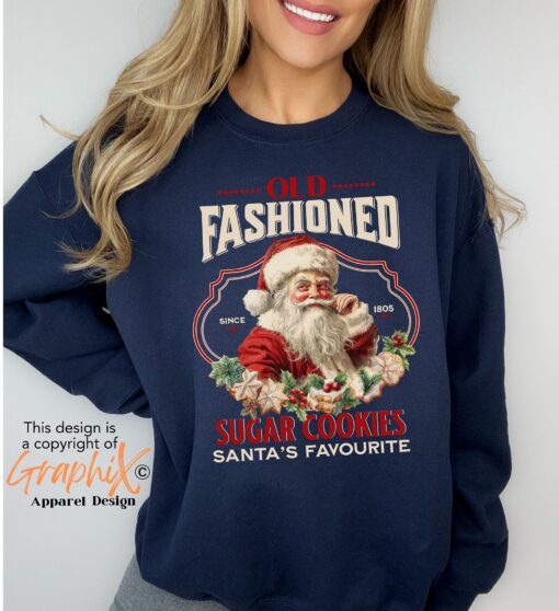 vintage christmas sweatshirt featuring santa claus and sugar cookies for a retro holiday look airce