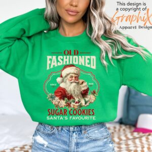 vintage christmas sweatshirt featuring santa claus and sugar cookies for a retro holiday look fgakp