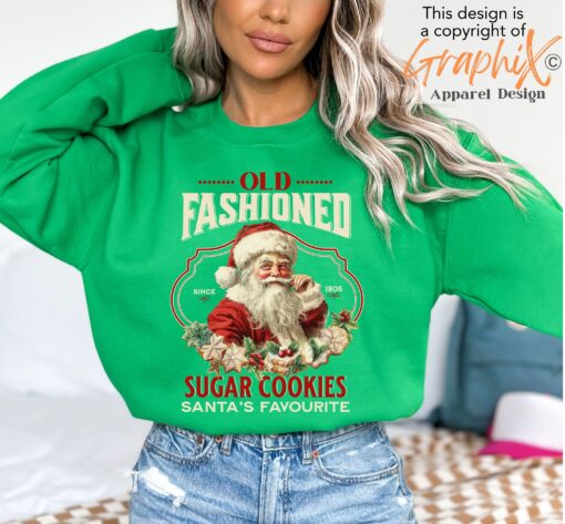 vintage christmas sweatshirt featuring santa claus and sugar cookies for a retro holiday look fgakp