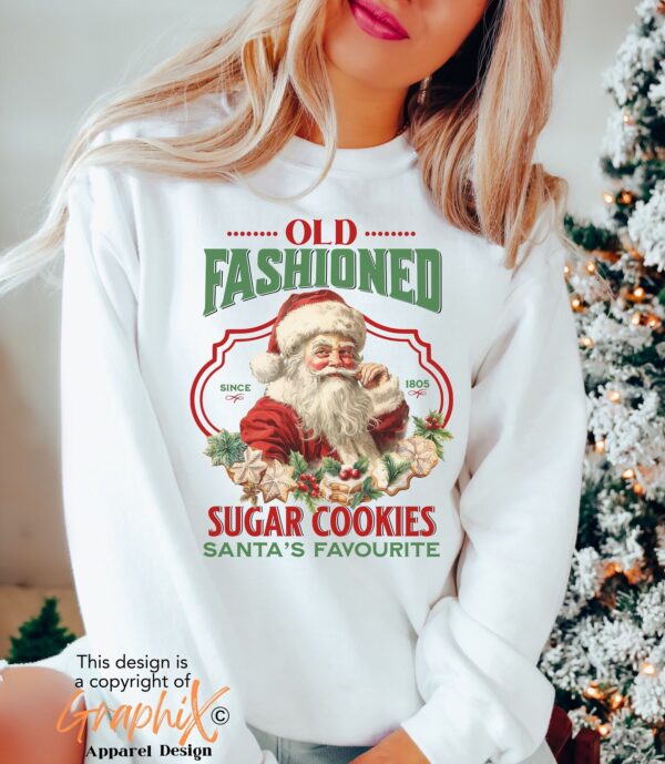 vintage christmas sweatshirt featuring santa claus and sugar cookies for a retro holiday look hhh62