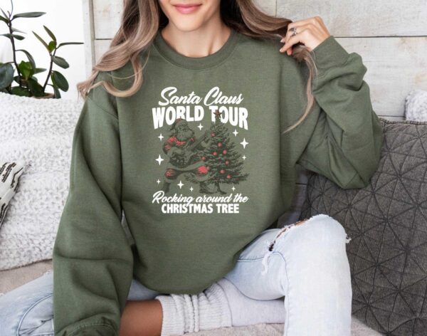 vintage christmas sweatshirt featuring santa claus rocking around the tree retro design comfortable hoodie for holiday celebrations esjqg