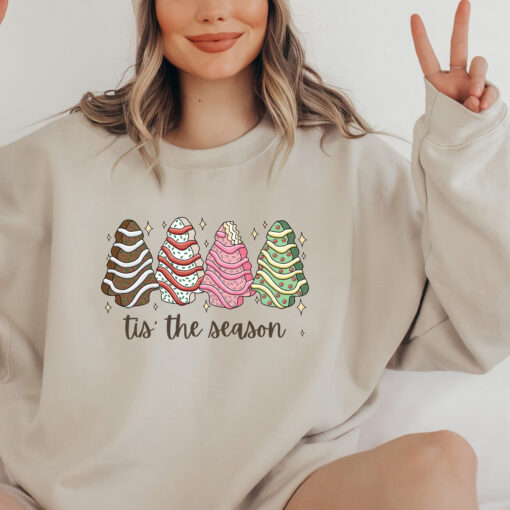 vintage christmas sweatshirt featuring tis the season tree cakes design for unique holiday style and comfort 4weyo scaled